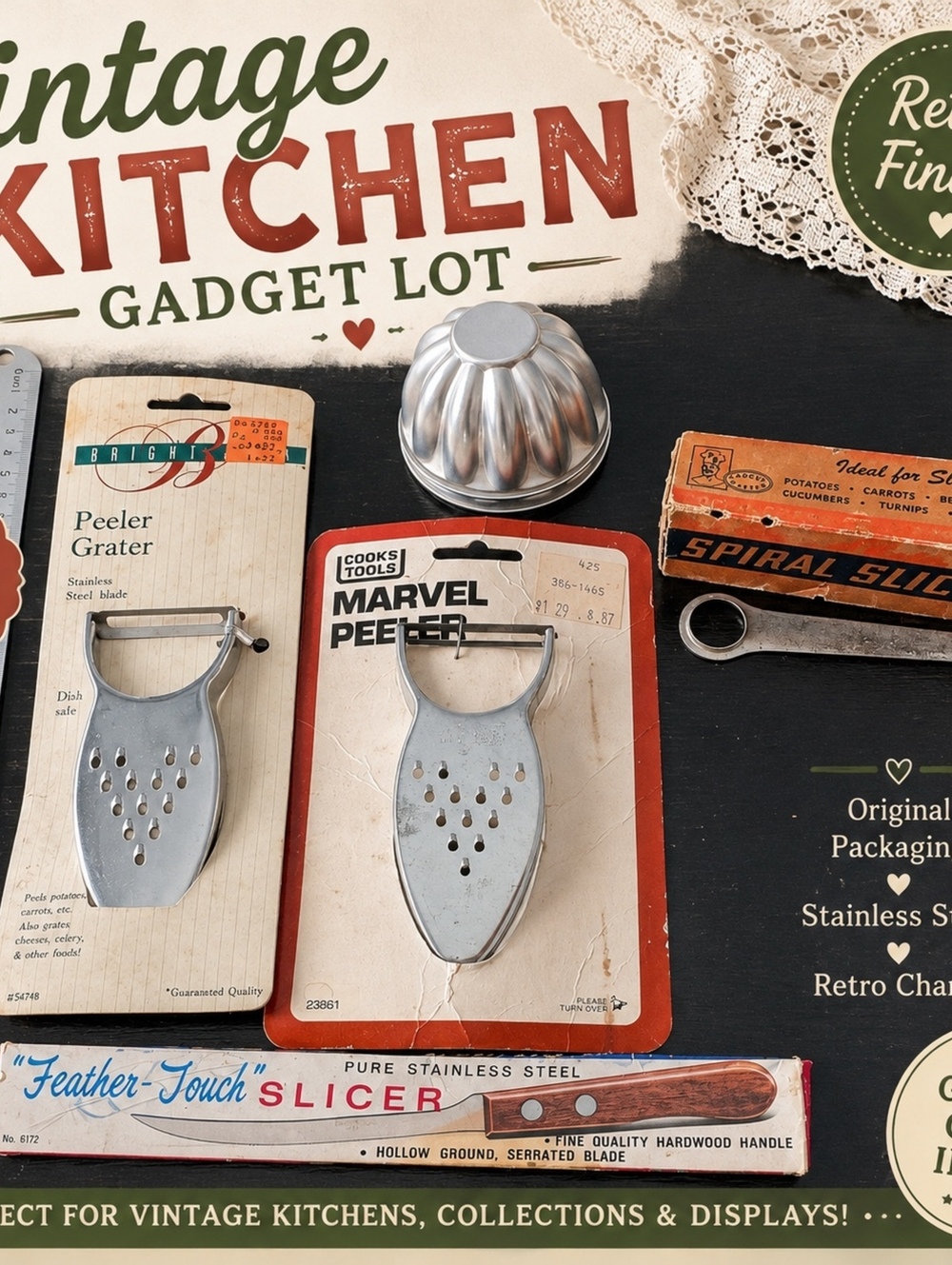 Vintage Kitchen Utensil Lot Retro Peelers Spiral Slicer Feather Touch Knife Mold